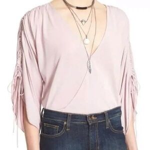 Free People Salt N Peppa V Neck Top Ruched Sleeve S